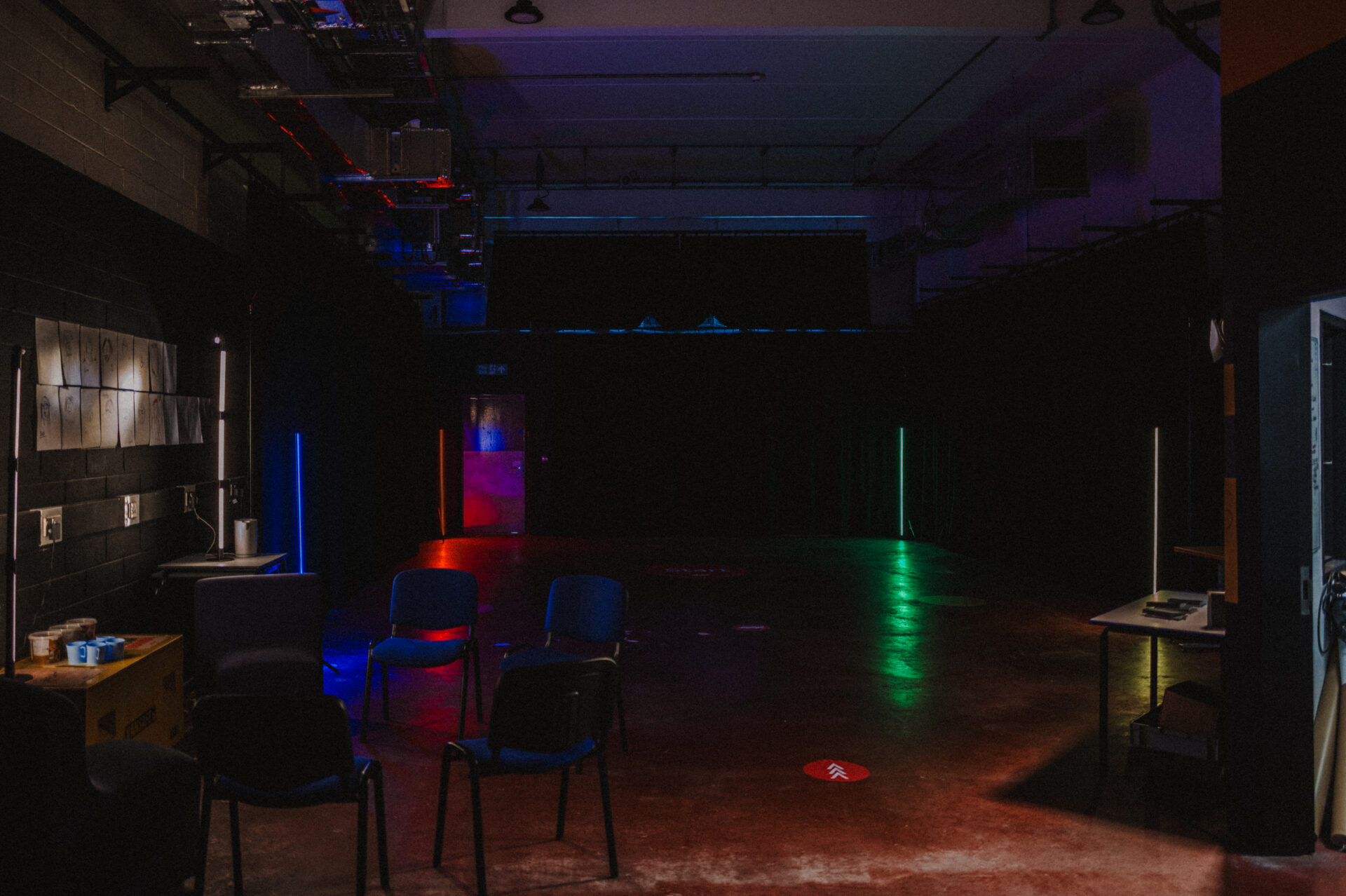 Workshop 5 with the Teleports installation - LED lights and a Start sticker on the floor