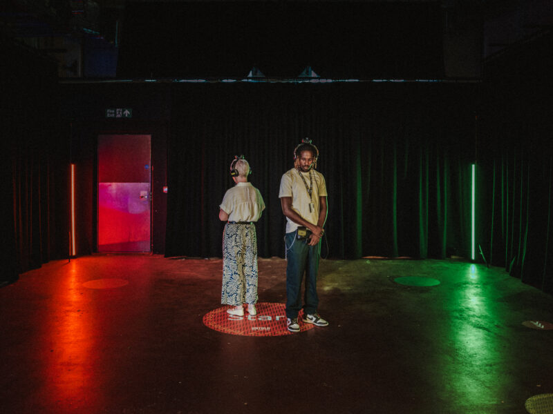 Workshop 5 with the Teleports installation - two visitors listening on the Start spot